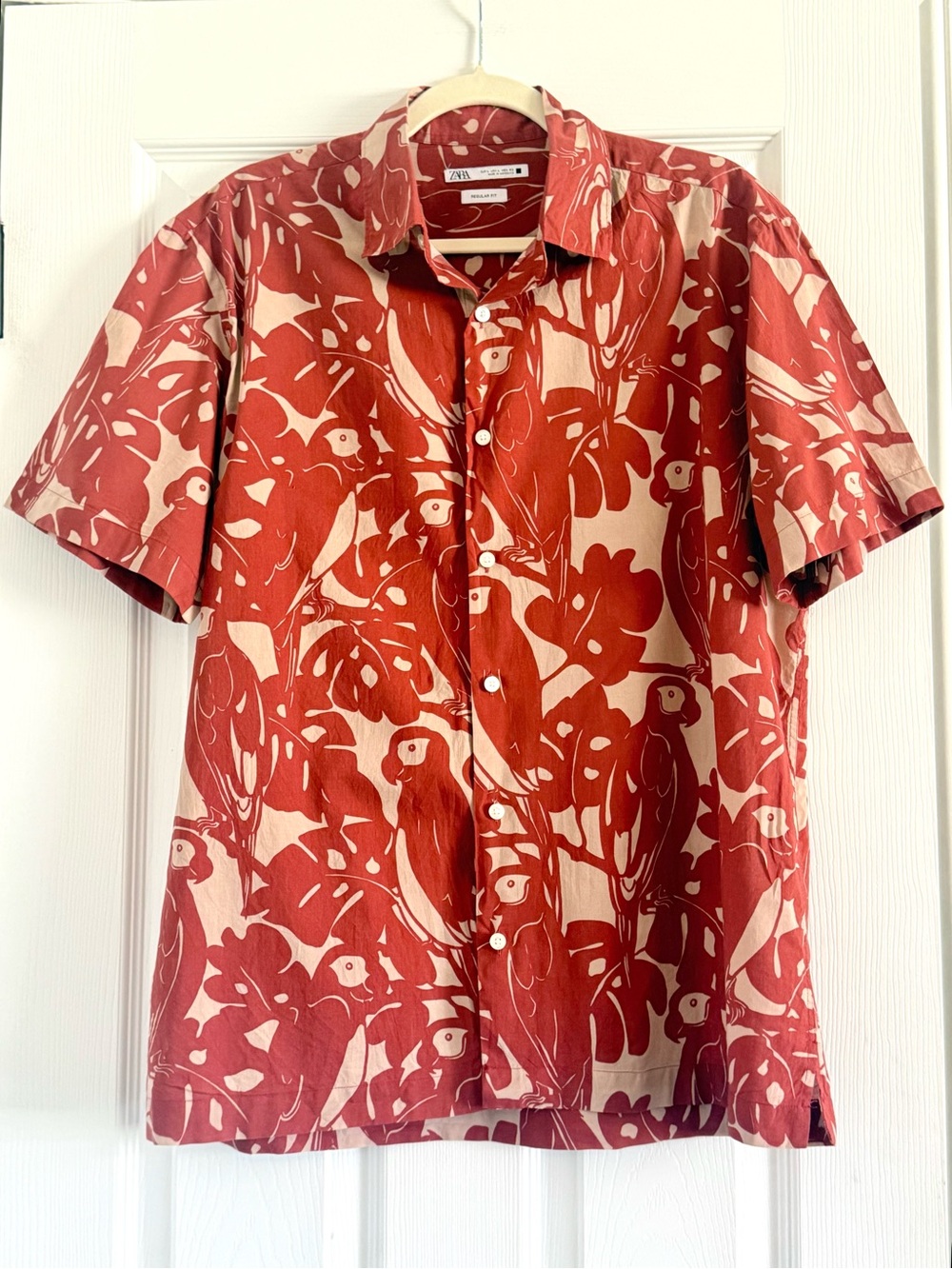 Zara Red and Cream Short-Sleeve Tropical Print Shirt Large - Picture 7 of 7